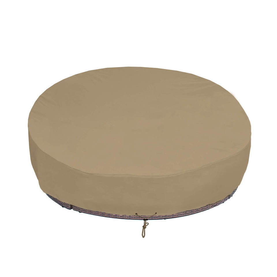 SunPatio FadeStop round daybed cover guards a 75-inch dia daybed from rain
