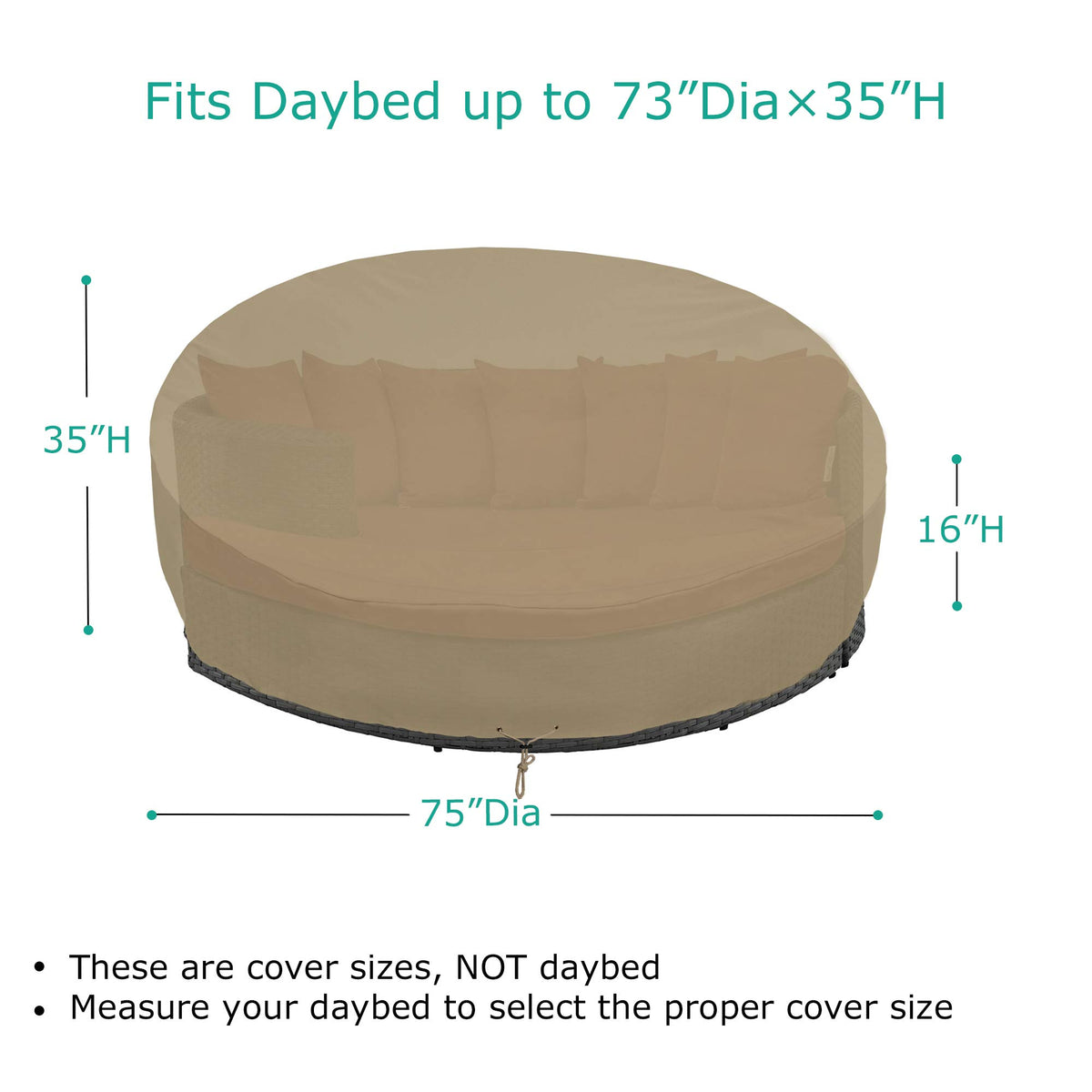 SunPatio FadeStop round daybed cover shows taped seams for waterproof protection