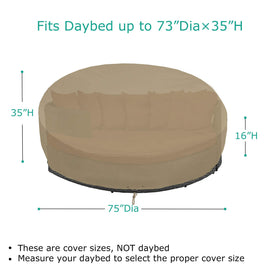 SunPatio FadeStop round daybed cover shows taped seams for waterproof protection