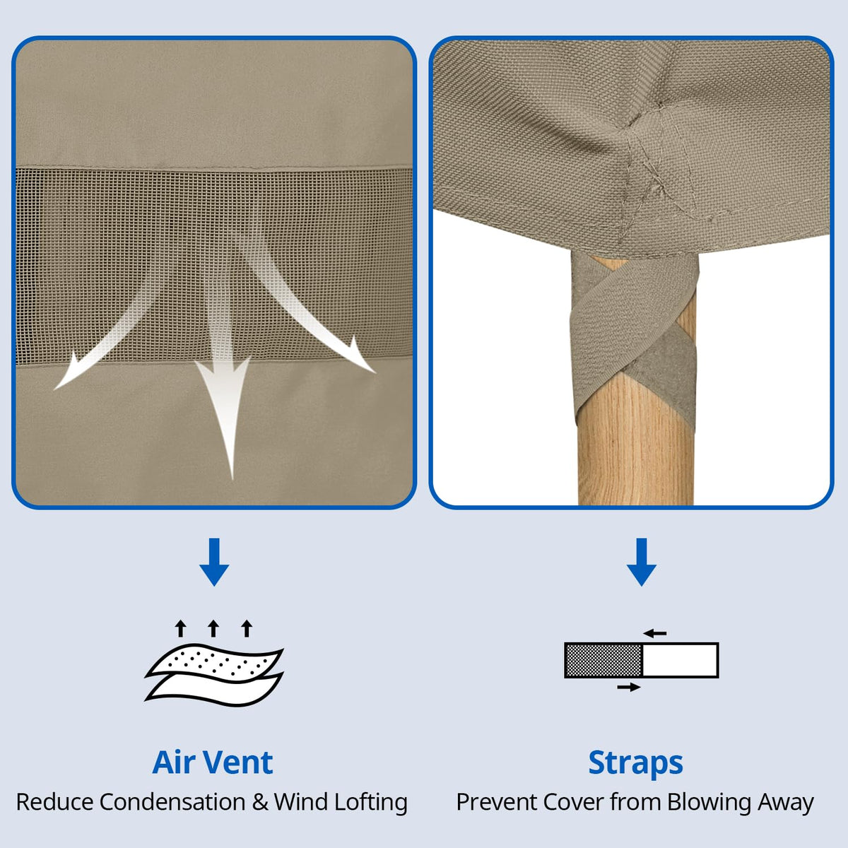 SunPatio four-strap closure keeps cover snug during gusts.