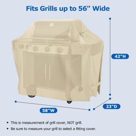 SunPatio grill cover side view with wind straps for secure fit.