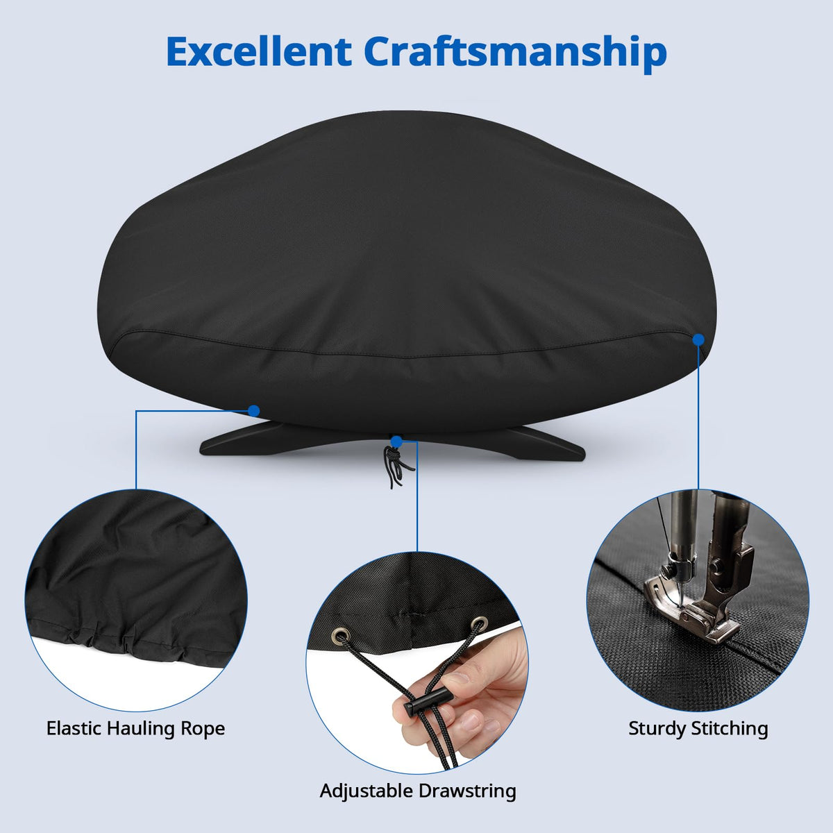 Bottom drawstring of SunPatio cover securing a tight, wind-resistant fit.