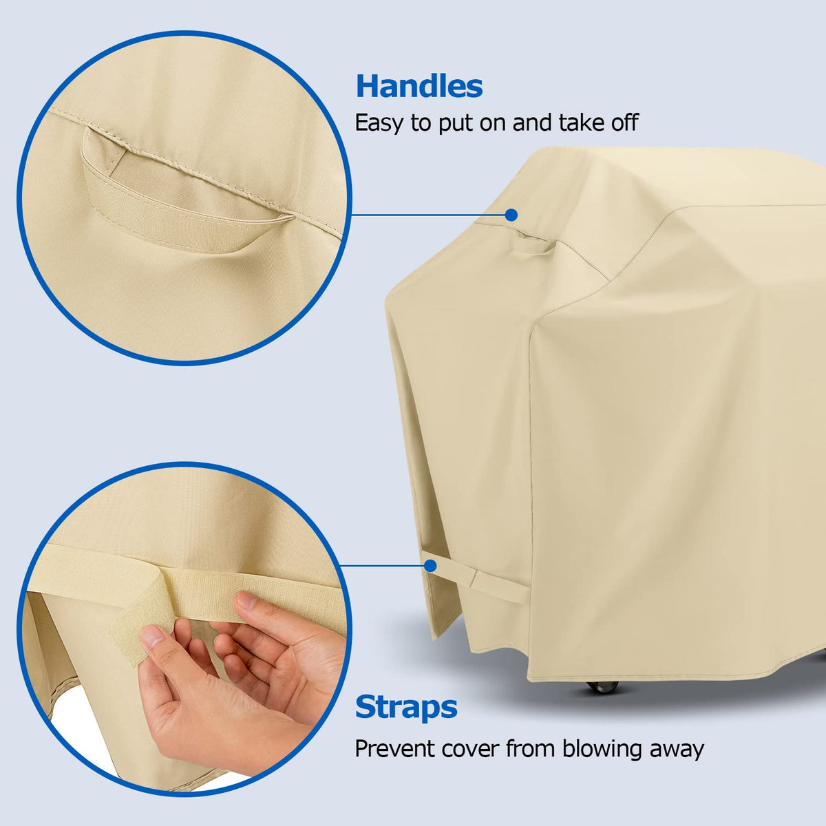 SunPatio grill cover with wind straps for a snug outdoor fit.