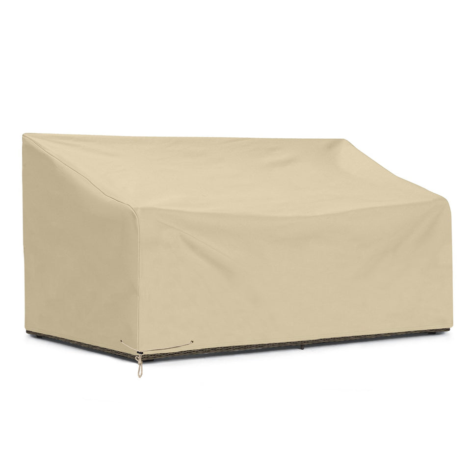 SunPatio heavy-duty sofa cover protecting outdoor seating with a waterproof seam.