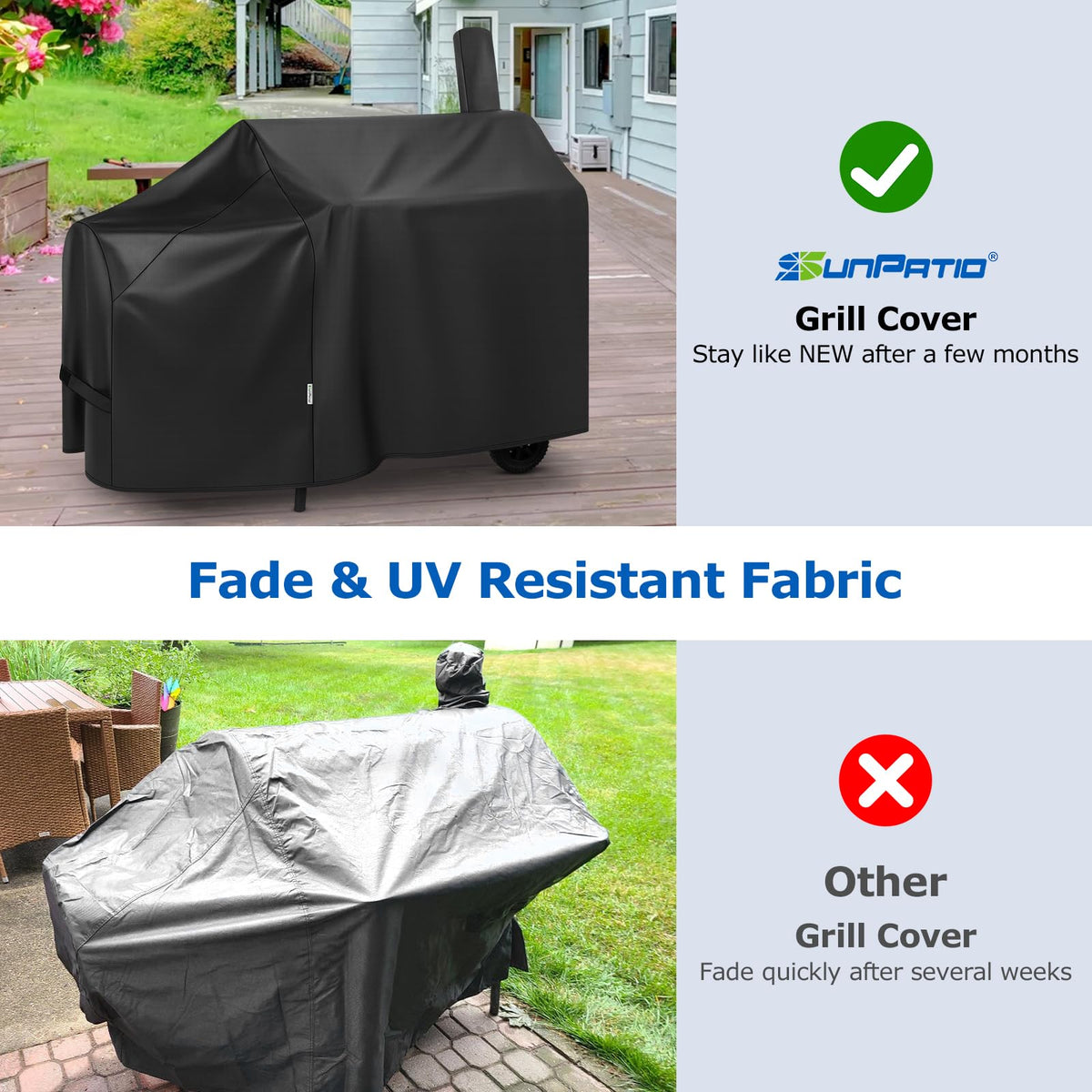 SunPatio 60-inch offset smoker cover material closeup showing waterproof vinyl