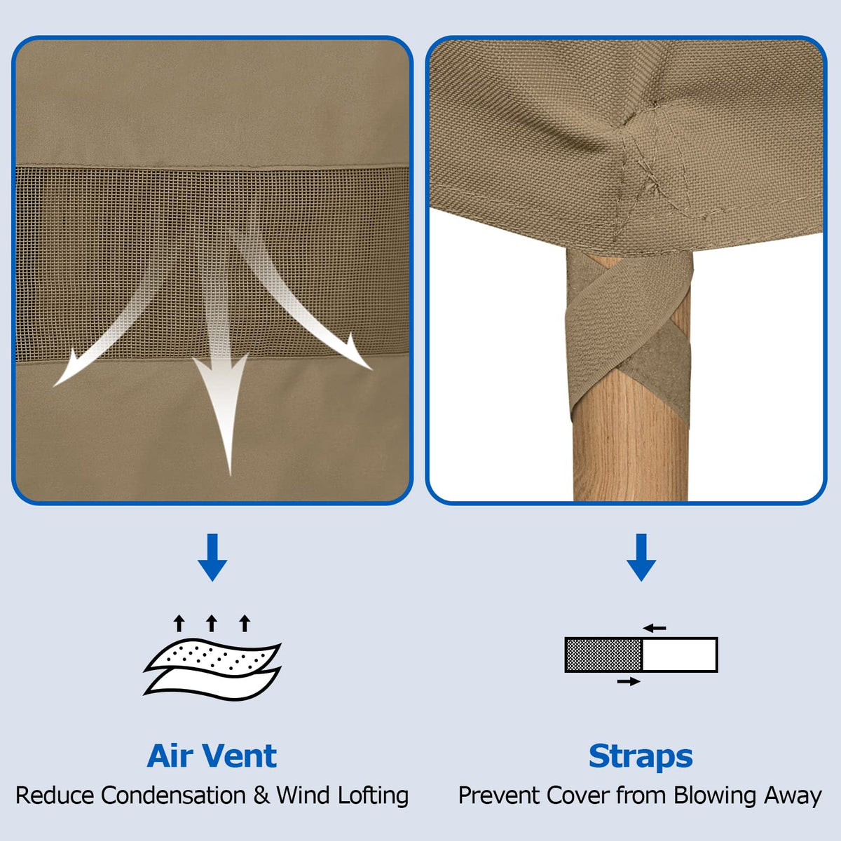 SunPatio dimensions graphic highlights back and front lengths for fit