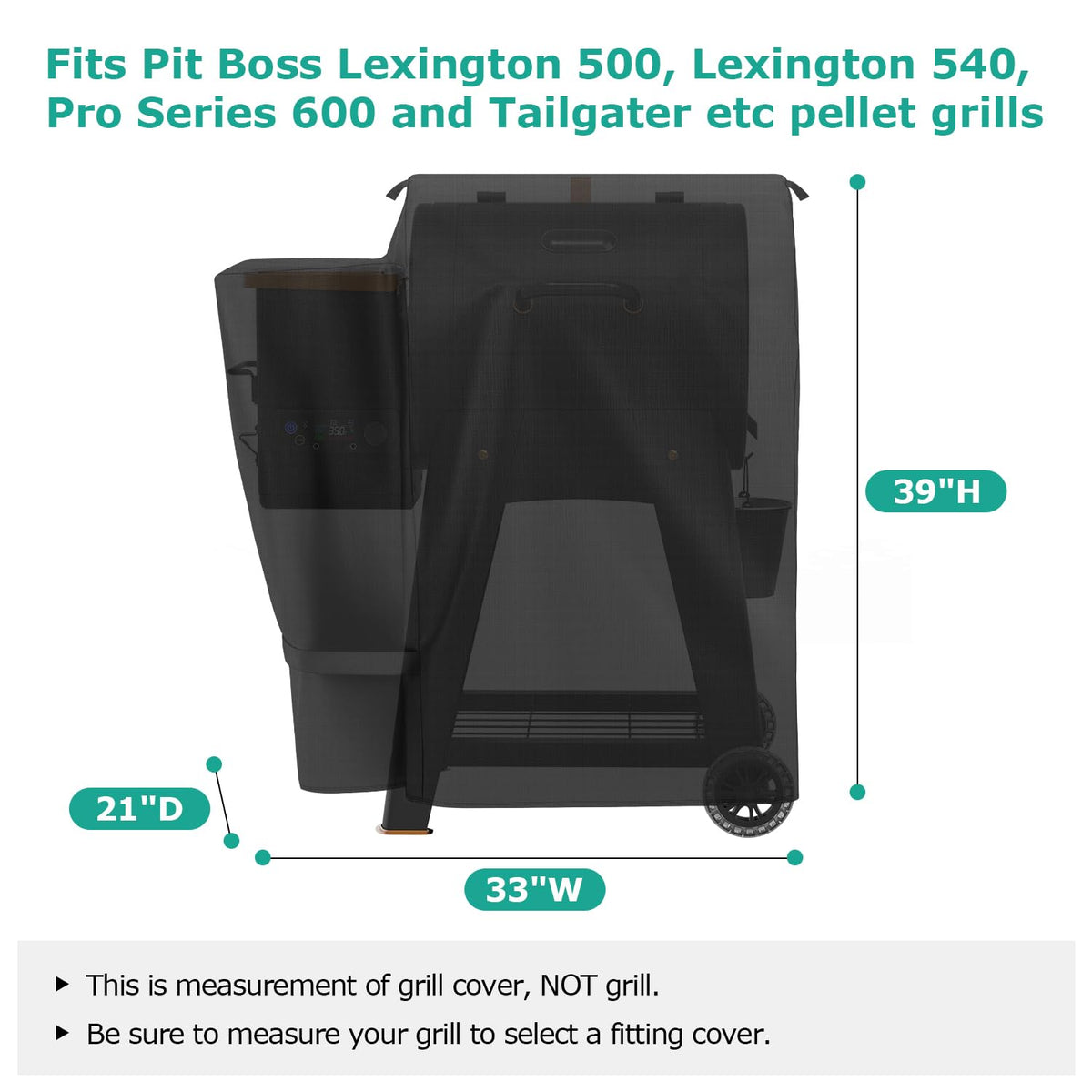 SunPatio pellet grill cover on Lexington 540 side view shields sun and dust.