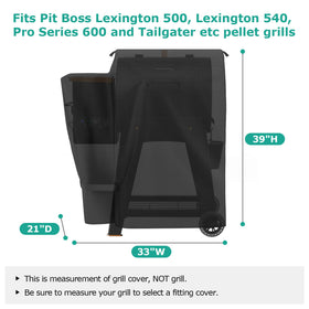 SunPatio pellet grill cover on Lexington 540 side view shields sun and dust.