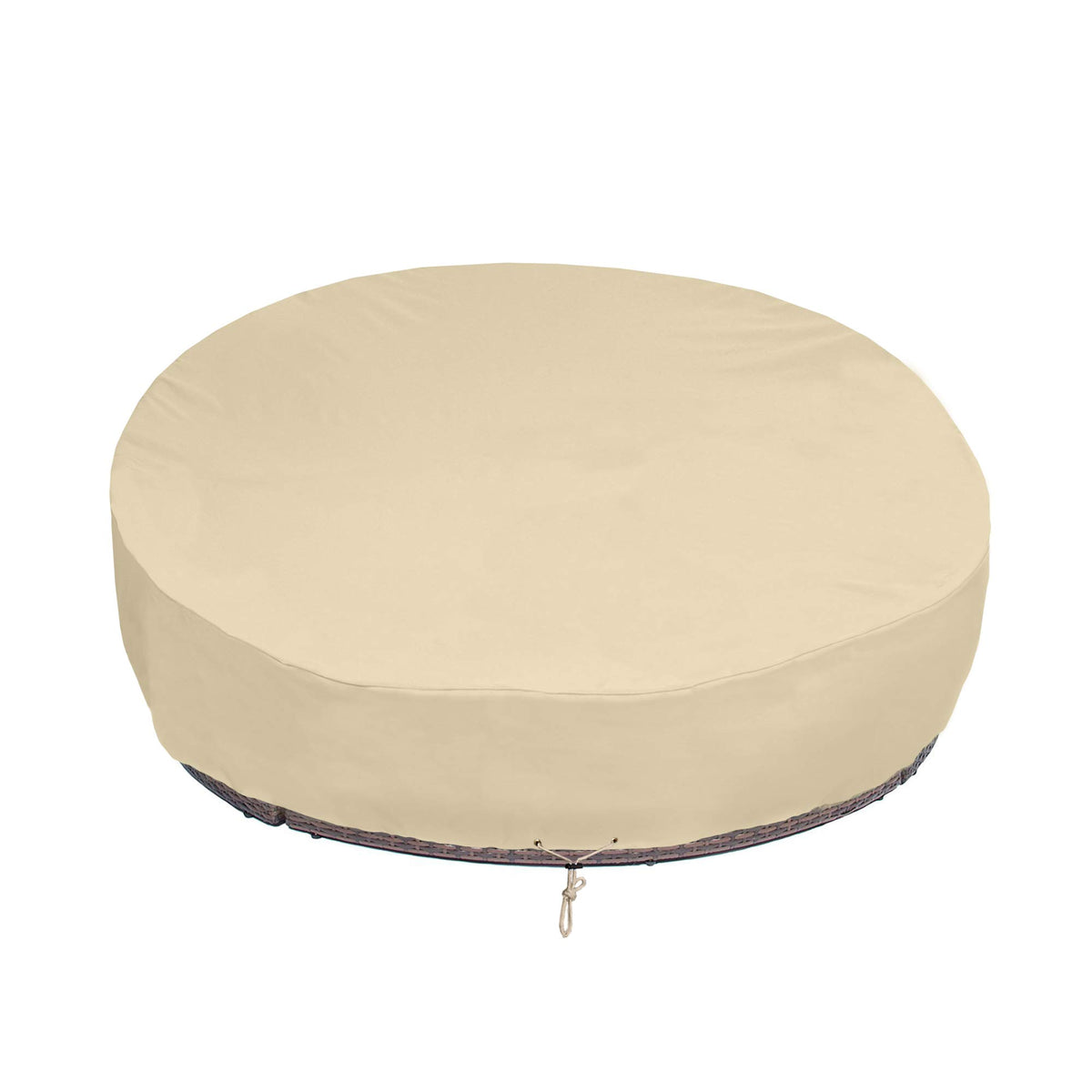SunPatio beige round daybed cover 75 dia protects outdoor furniture from sun and rain.