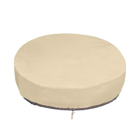 SunPatio beige round daybed cover 75 dia protects outdoor furniture from sun and rain.