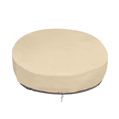SunPatio beige round daybed cover 75 dia protects outdoor furniture from sun and rain.
