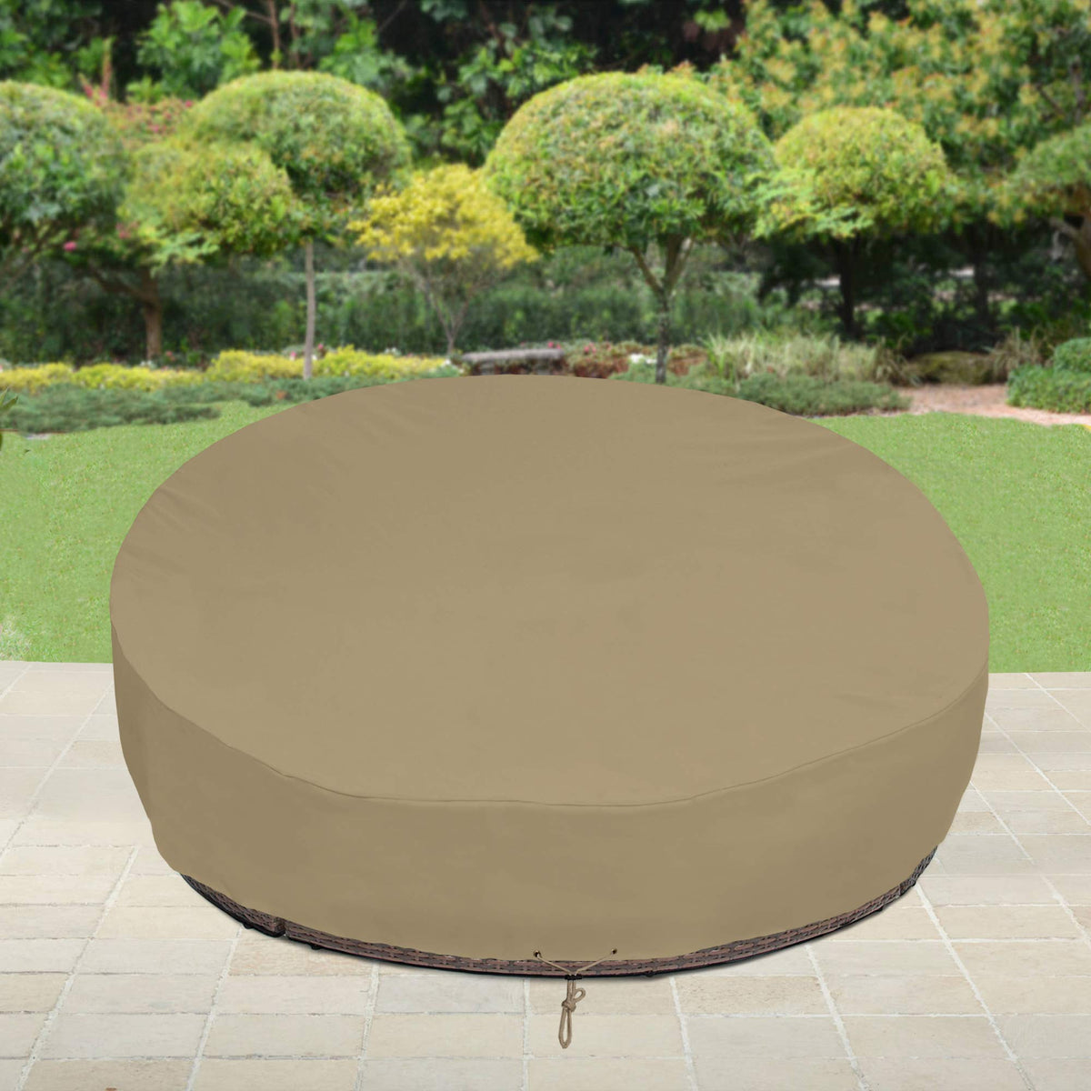 SunPatio taupe daybed cover blends with garden decor