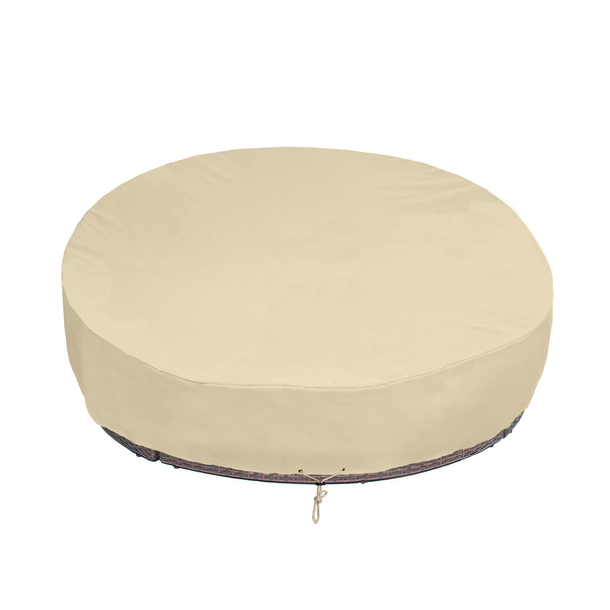 SunPatio round daybed cover beige protects furniture from rain and UV damage
