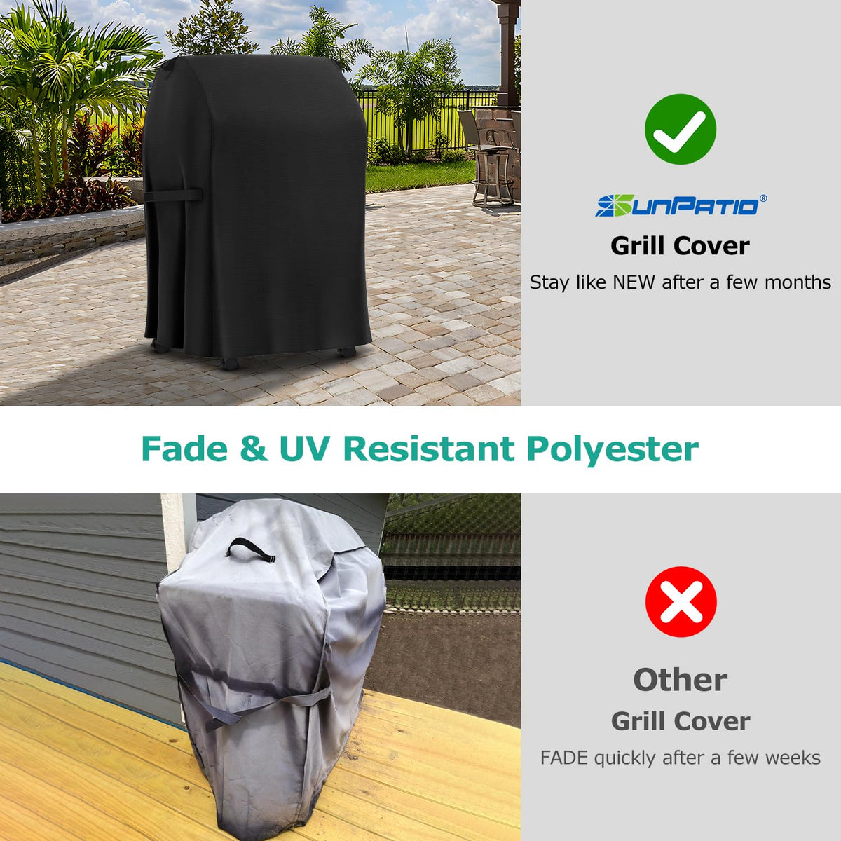 SunPatio secure-fit grill cover with side straps keeps the cover in place during windy days.