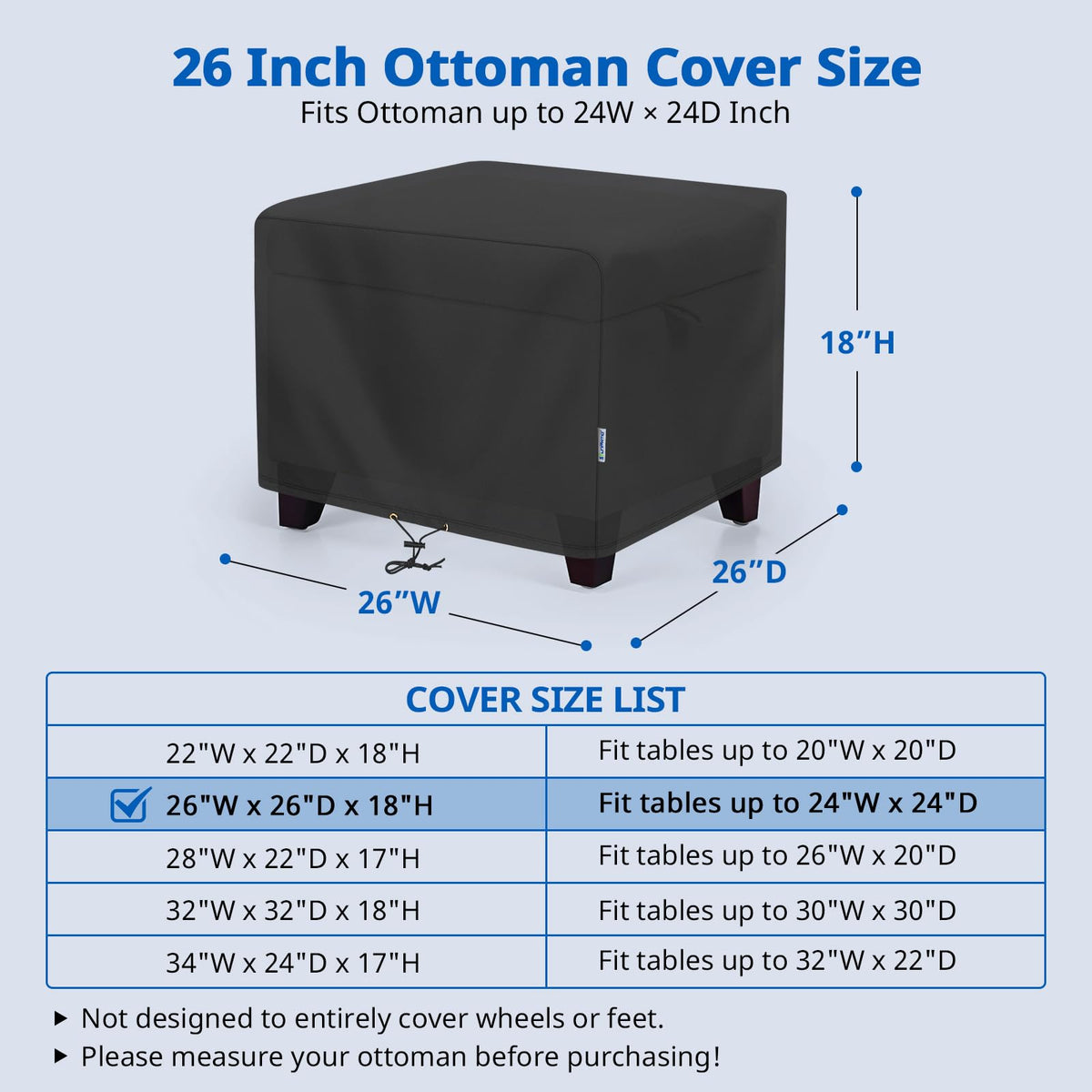 SunPatio square coffee table cover demonstrating snug 26x26 inch fit