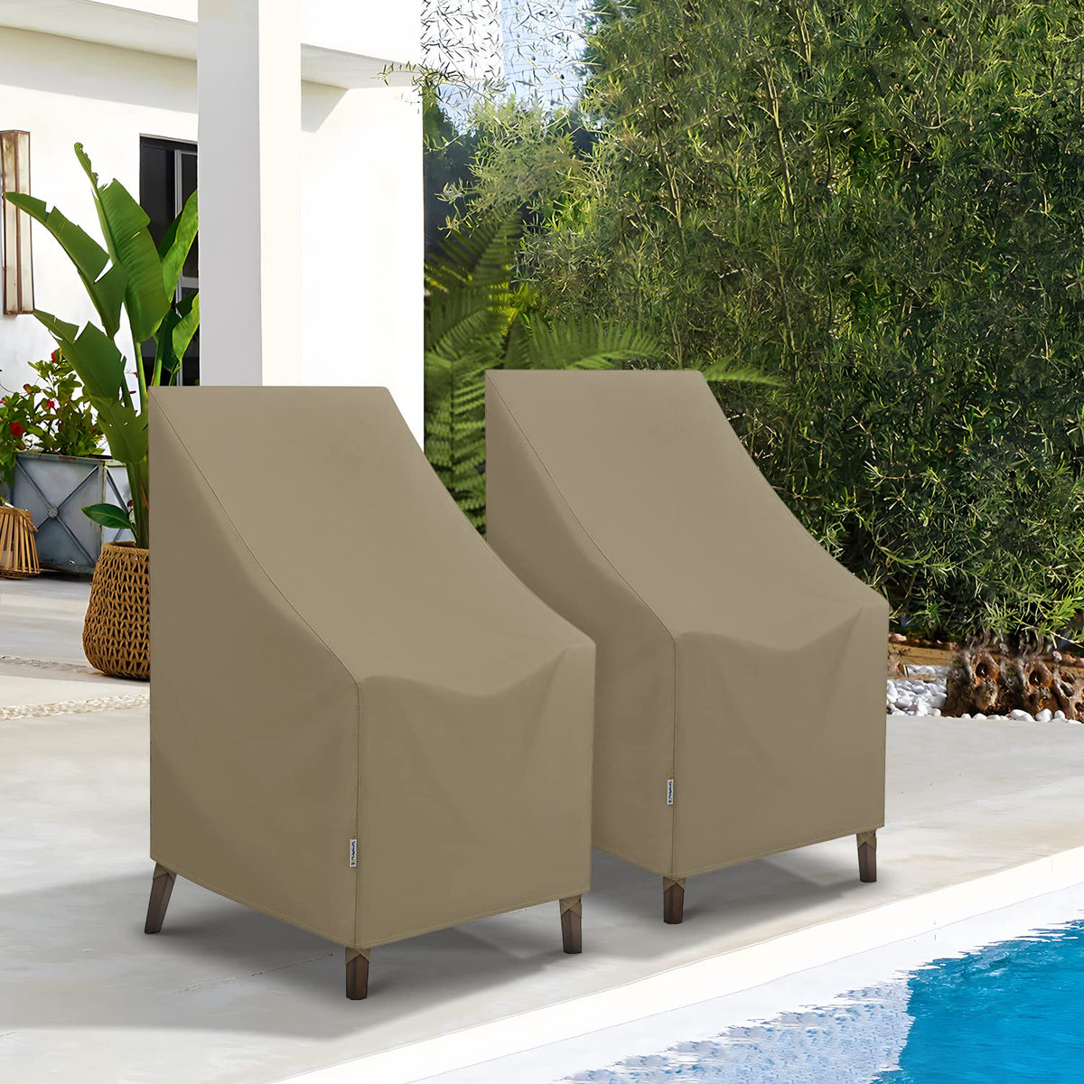 SunPatio taupe color chair cover blending with patio decor