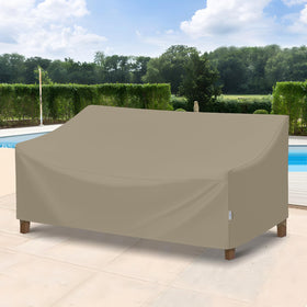 SunPatio taupe sofa cover complements outdoor decor while protecting.