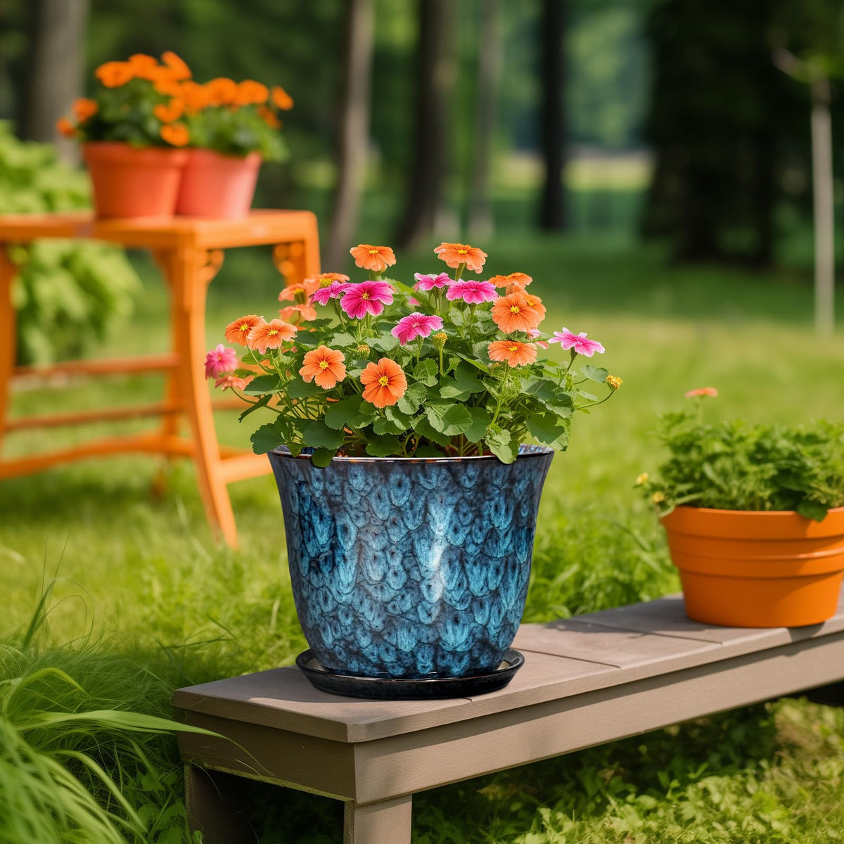 SUNPOTFOR ceramic planter in garden setting adds color