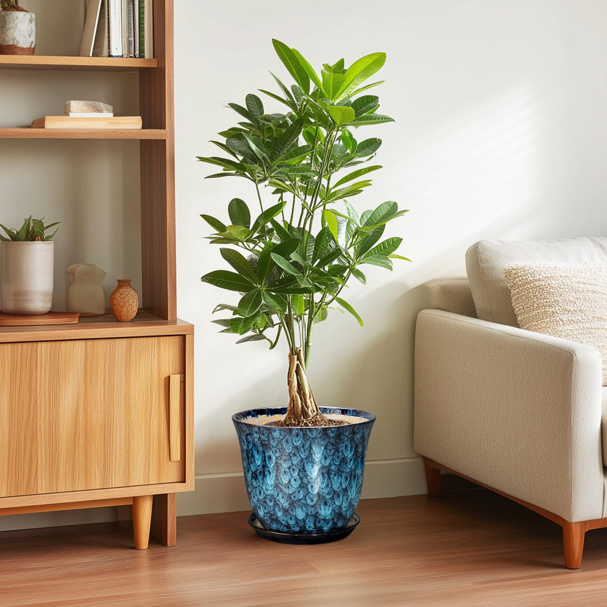 SUNPOTFOR blue glazed pot close-up shows artisanal finish for living spaces