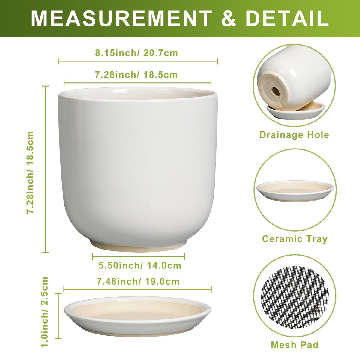 SUNPOTFOR white ceramic pot with saucer kit for mess-free watering.
