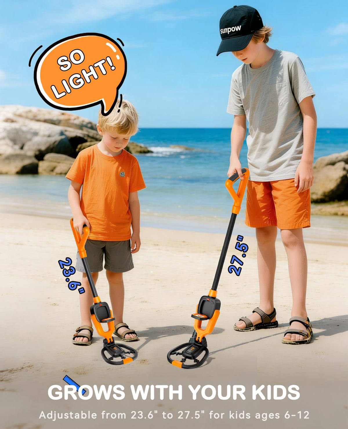 SUNPOW Kids Metal Detector 9-hour battery supports extended outdoor play.
