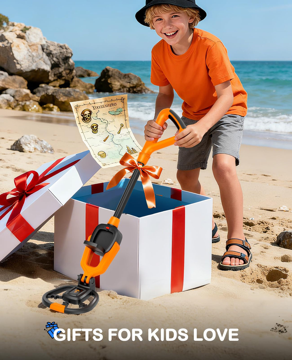 SUNPOW Kids Metal Detector complete kit includes shovel, rake, and bag for ready adventures.