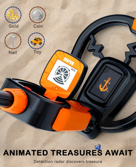 SUNPOW Kids Metal Detector waterproof coil enables splashy beach and stream treasure hunts.