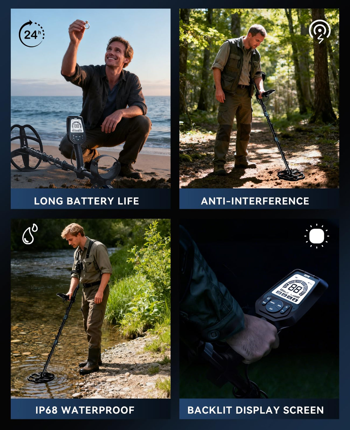 SUNPOW complete kit with shovel, headphones, backpack, and charger.