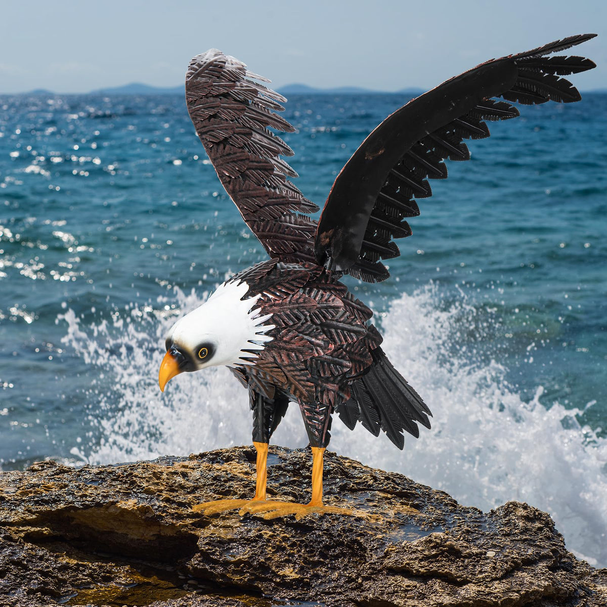 SUNREEK detailed metal feathers on eagle statue showcasing craft detail and realism.