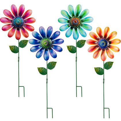 SUNREEK Flower-b-Head stake with colorful blooms sways gently in the breeze.
