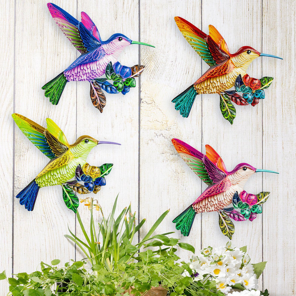 SUNREEK four-pack hummingbird wall art for outdoor garden and fence display