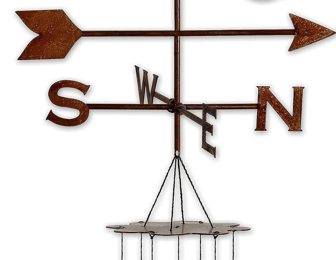 Close-up of metal tubes and sundial wind catcher on Sunset Vista Designs barnyard wind chime