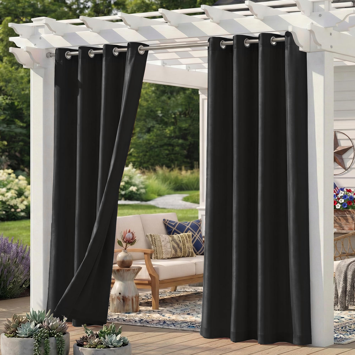 Sunshelf outdoor curtains on patio in black provide soft light filtration