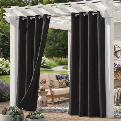 Sunshelf outdoor curtains on patio in black provide soft light filtration