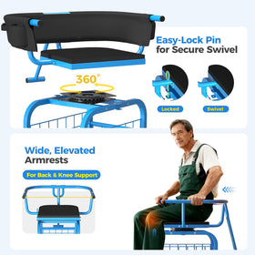Suntee Garden Seat with Wheels shows 360° swivel seat for versatile reach.