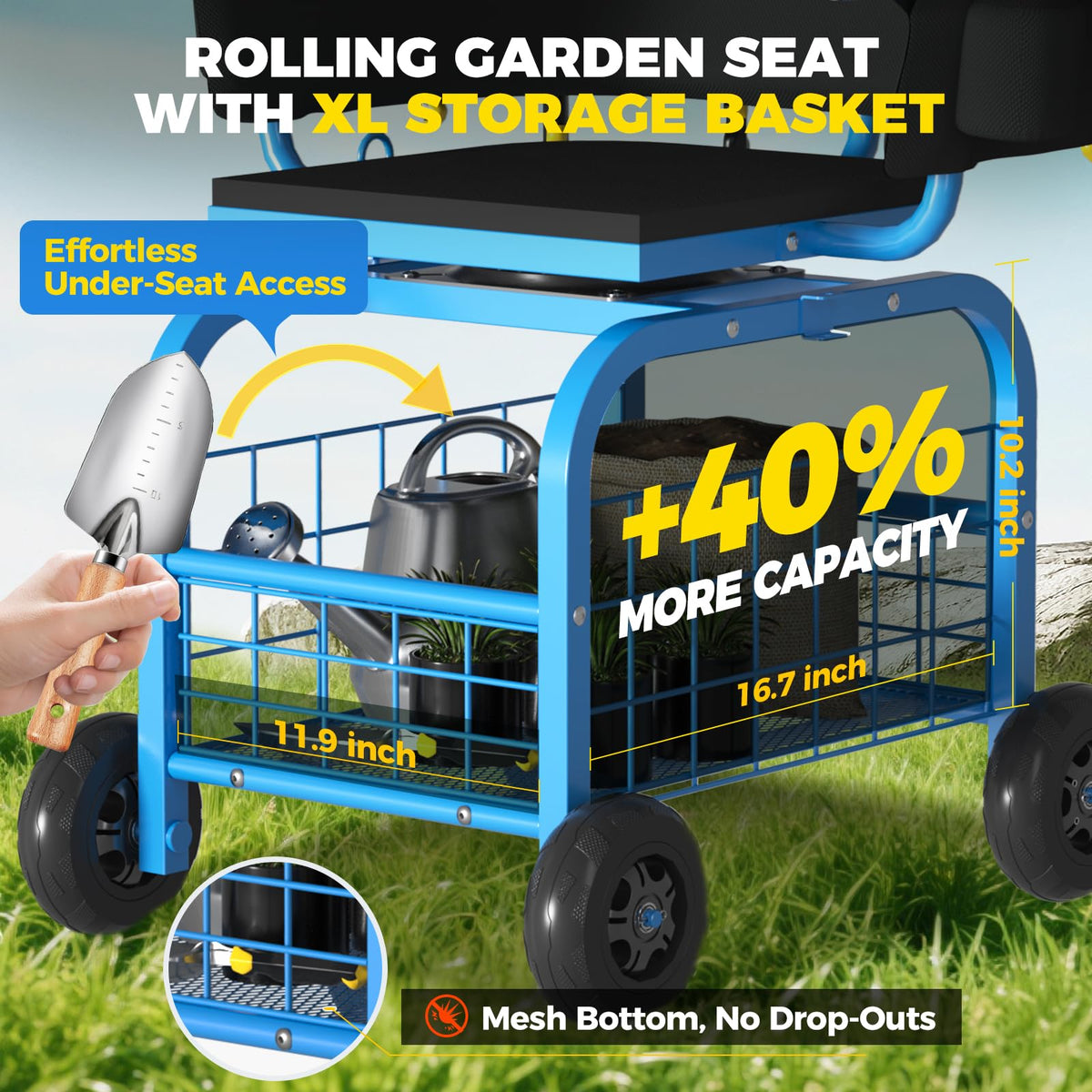 Suntee Garden Seat with Wheels highlights the wide backrest for support.