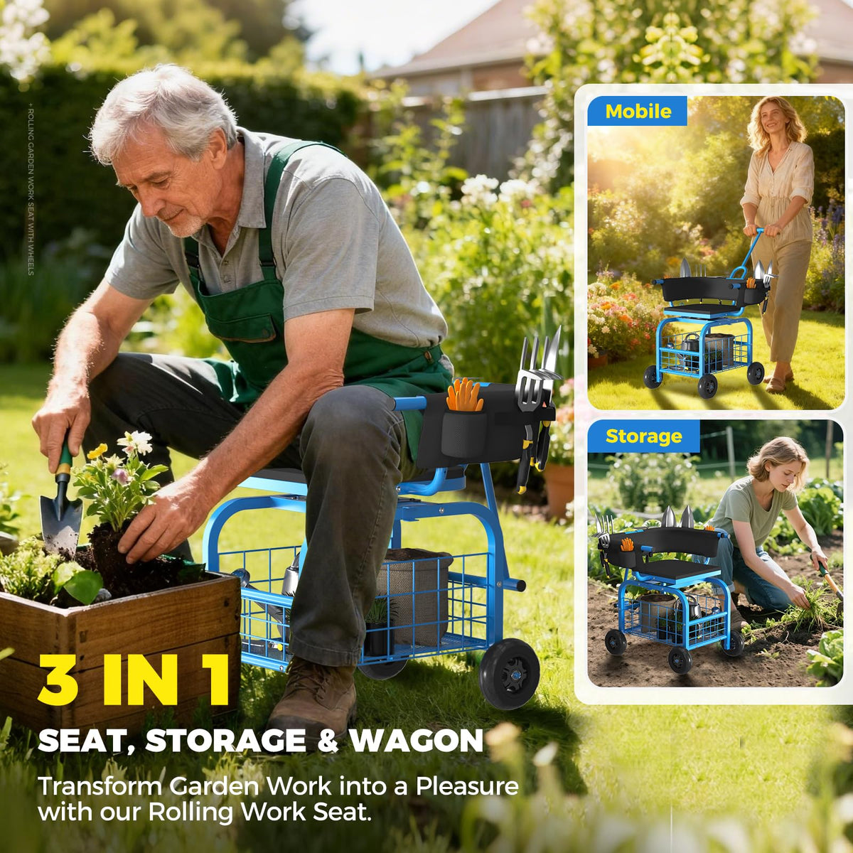 Suntee Garden Seat with Wheels with oversized storage basket for tools.