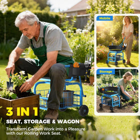 Suntee Garden Seat with Wheels with oversized storage basket for tools.