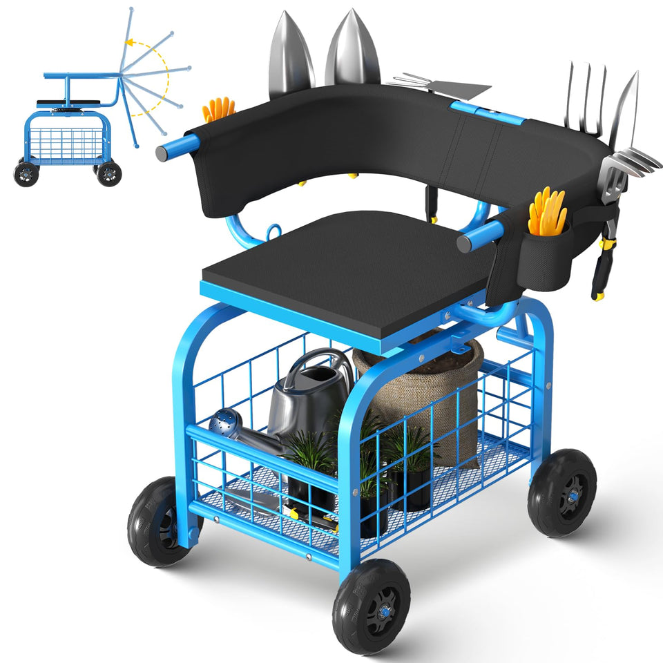 Suntee Garden Seat with Wheels overview: portable comfort for outdoor gardening.