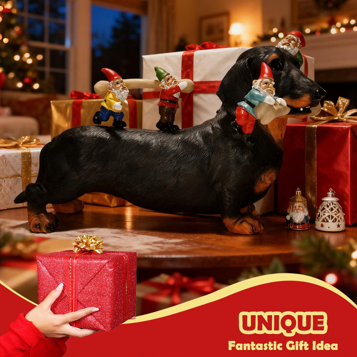 Sunthus dachshund statue outdoors, porch-friendly, weatherproof for lasting charm.
