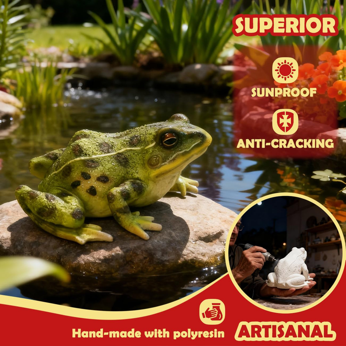 Sunthus frog statue is hand-painted, adding artisanal color to your garden.