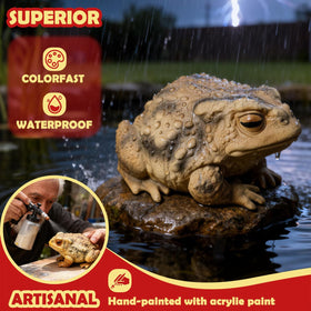 Sunthus frog-toad sculpture full outdoor view in a sunlit yard.