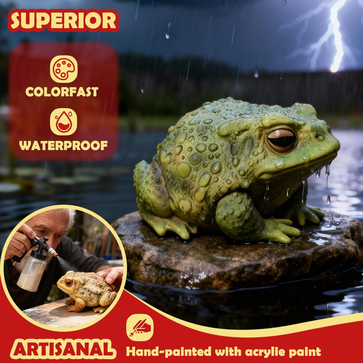 Sunthus toad figurine in brown skin suits patios and paths.