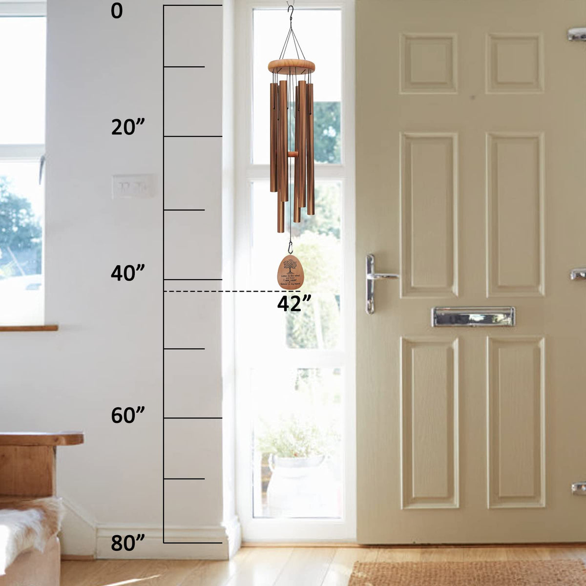 Suntimber backyard setup displaying large bronze wind chimes for calm evenings.