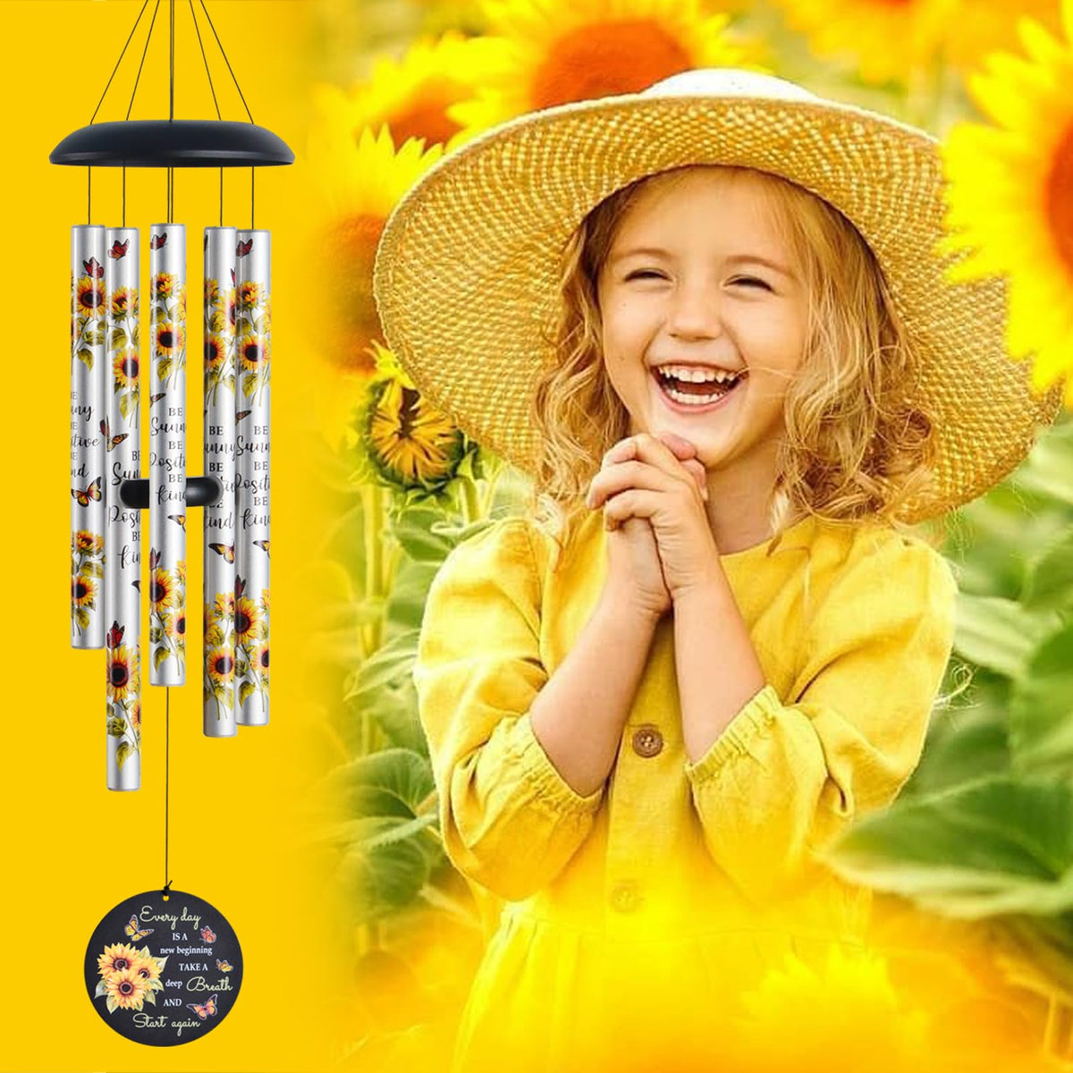 Suntimber Sunflower Wind Chimes Be Sunny pattern adds positive vibes outdoors