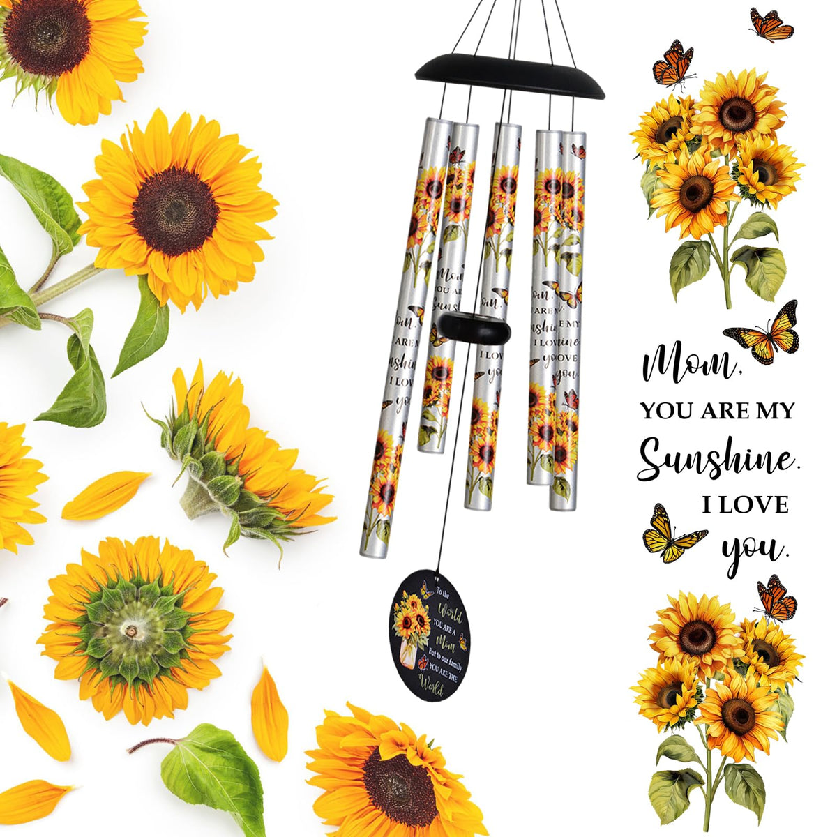 Suntimber Sunflower Wind Chimes show engraved messages for heartfelt mom gift