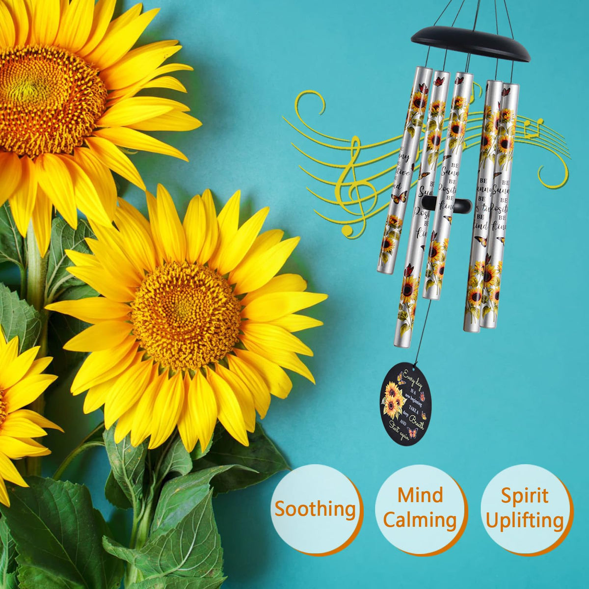Suntimber Sunflower Wind Chimes add gentle relaxing sound to garden breezes