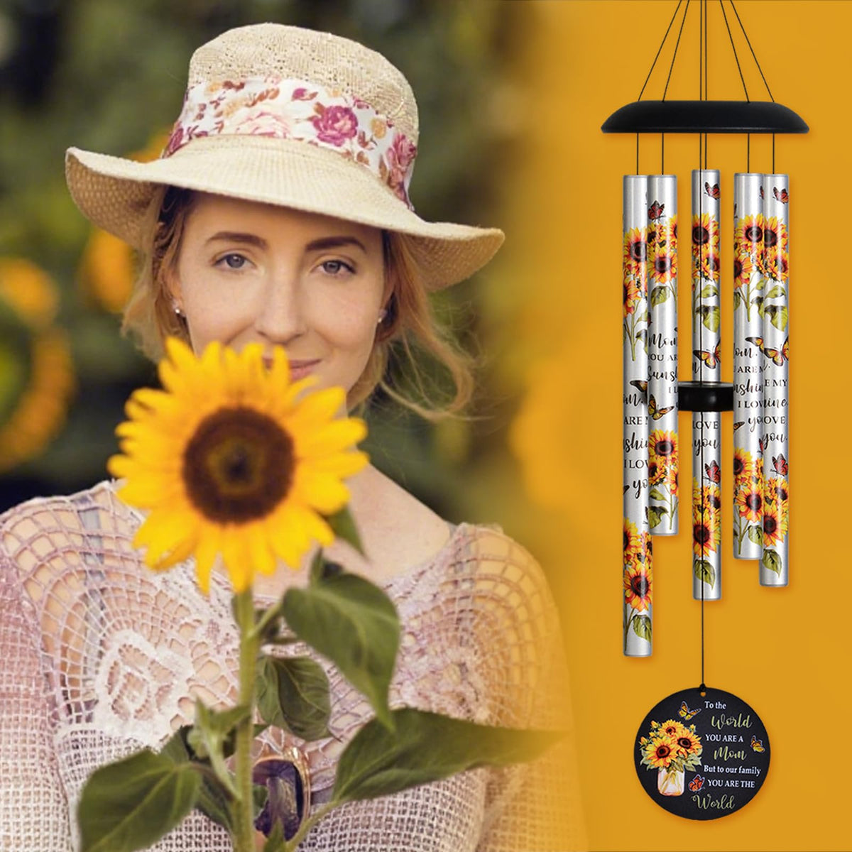 Suntimber Sunflower Wind Chimes displayed outdoors in garden or patio