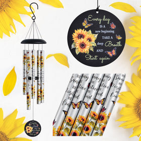 Suntimber Sunflower Wind Chimes outdoors brighten the patio with cheerful, sunny tones