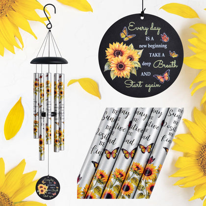 Suntimber Sunflower Wind Chimes outdoors brighten the patio with cheerful, sunny tones